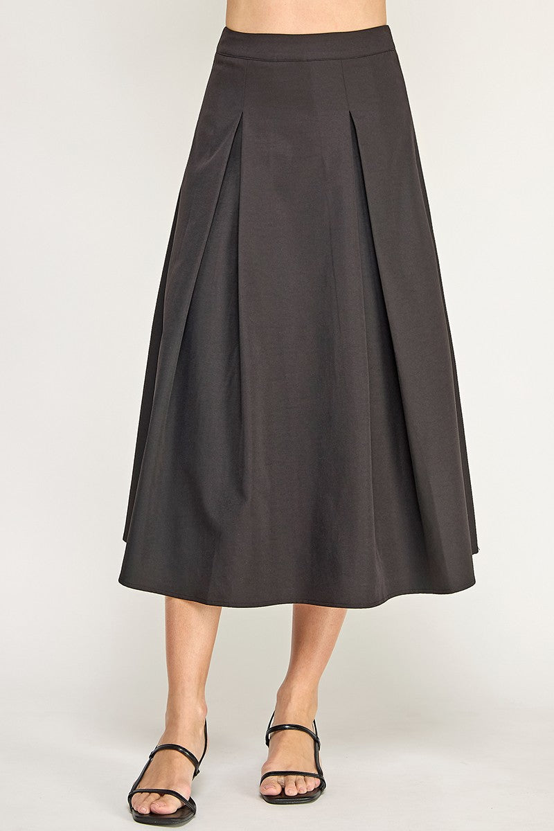 S5677 High Rise Waistband Front Pleats A line Midi Skirt