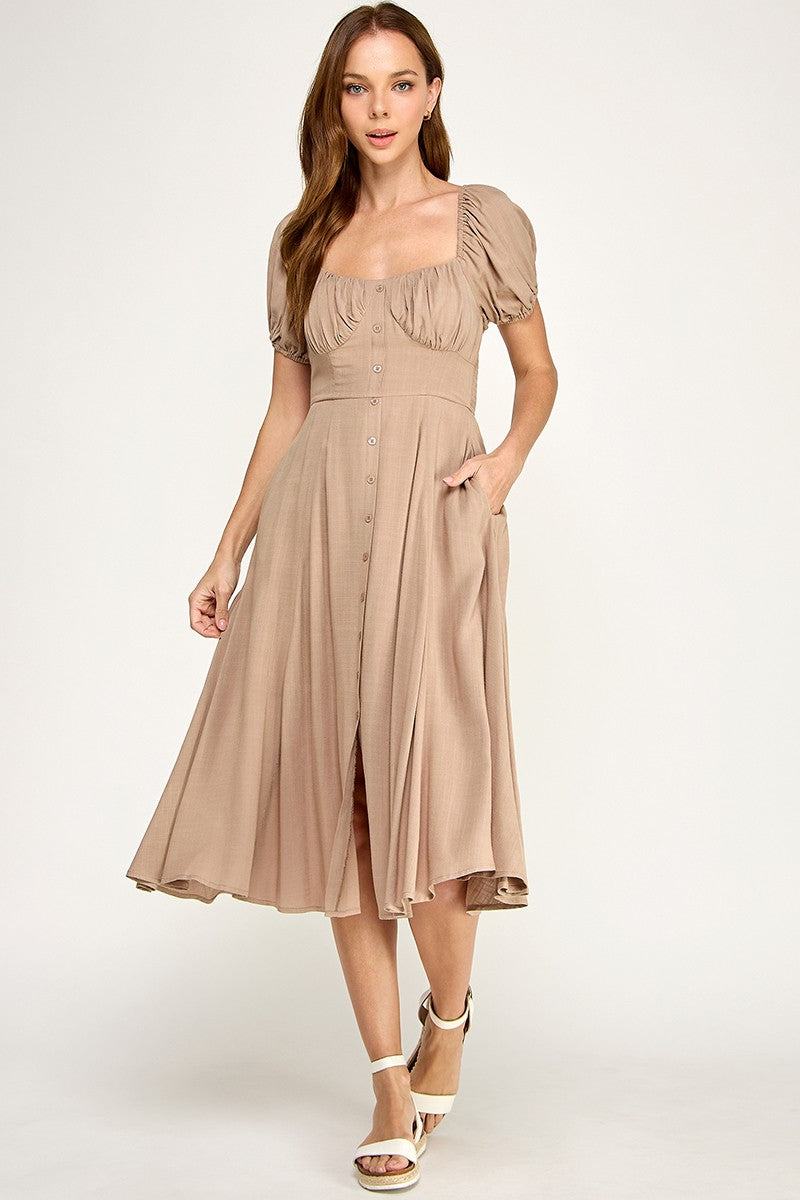 D5651 Button-front Midi l Lightweight Smocked Back Dress