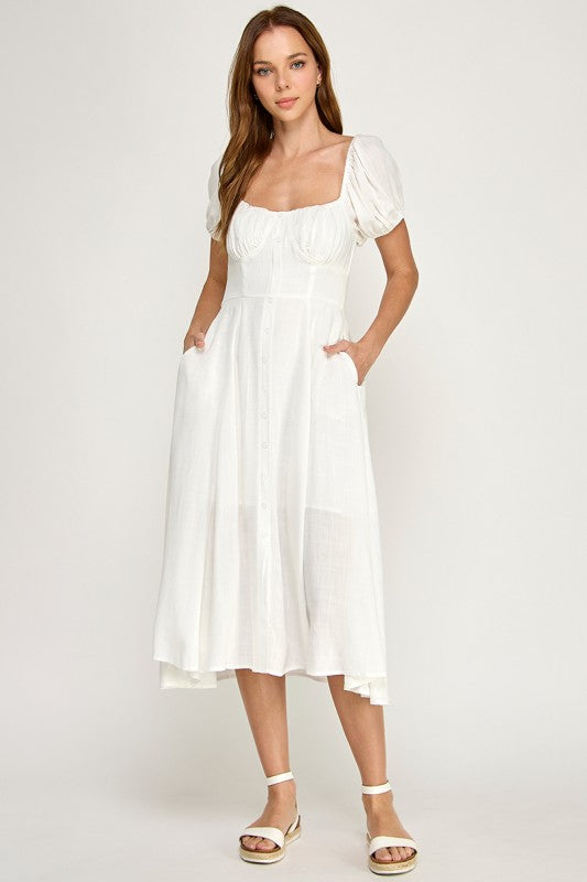 D5651 Button-front Midi l Lightweight Smocked Back Dress