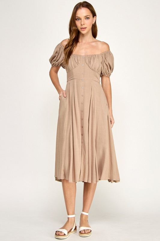 D5651 Button-front Midi l Lightweight Smocked Back Dress