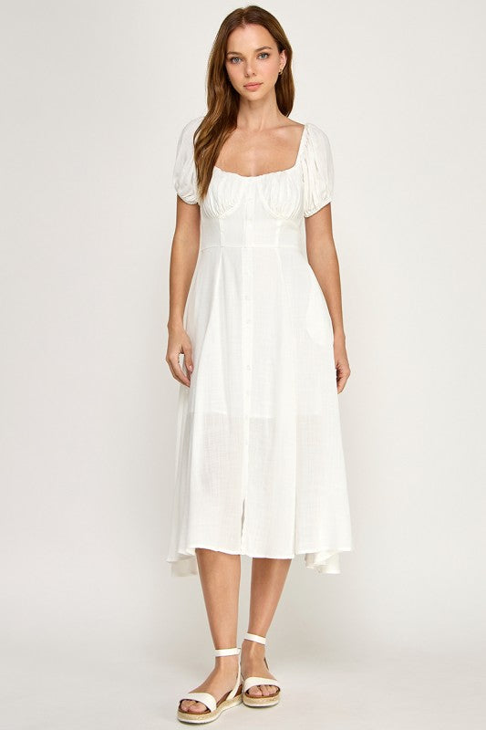 D5651 Button-front Midi l Lightweight Smocked Back Dress