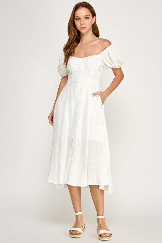 D5651 Button-front Midi l Lightweight Smocked Back Dress