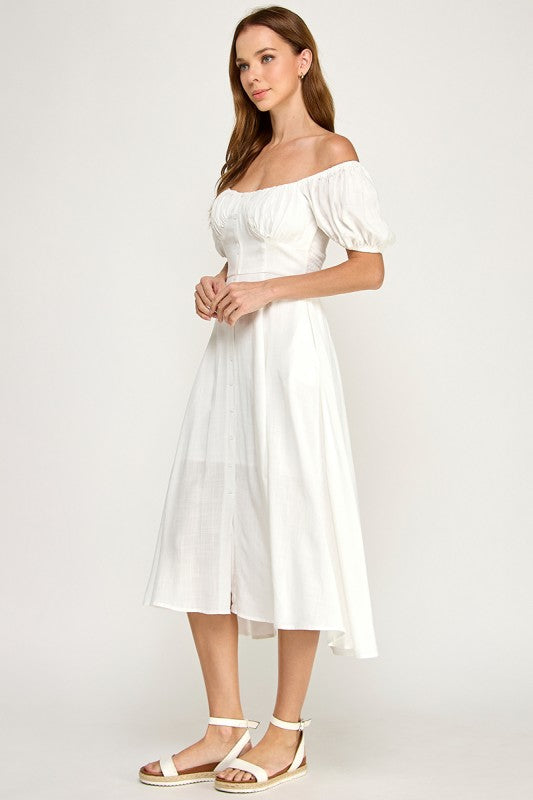 D5651 Button-front Midi l Lightweight Smocked Back Dress