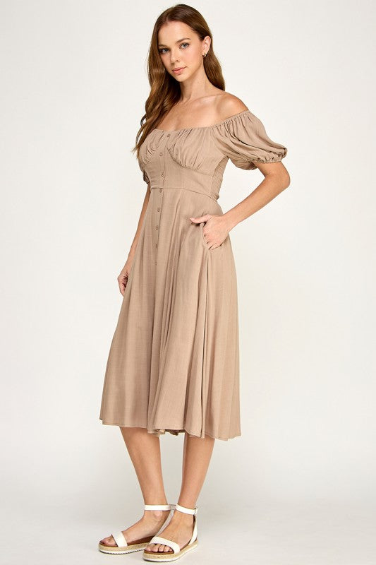 D5651 Button-front Midi l Lightweight Smocked Back Dress