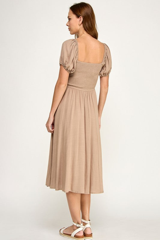 D5651 Button-front Midi l Lightweight Smocked Back Dress