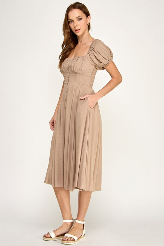 D5651 Button-front Midi l Lightweight Smocked Back Dress