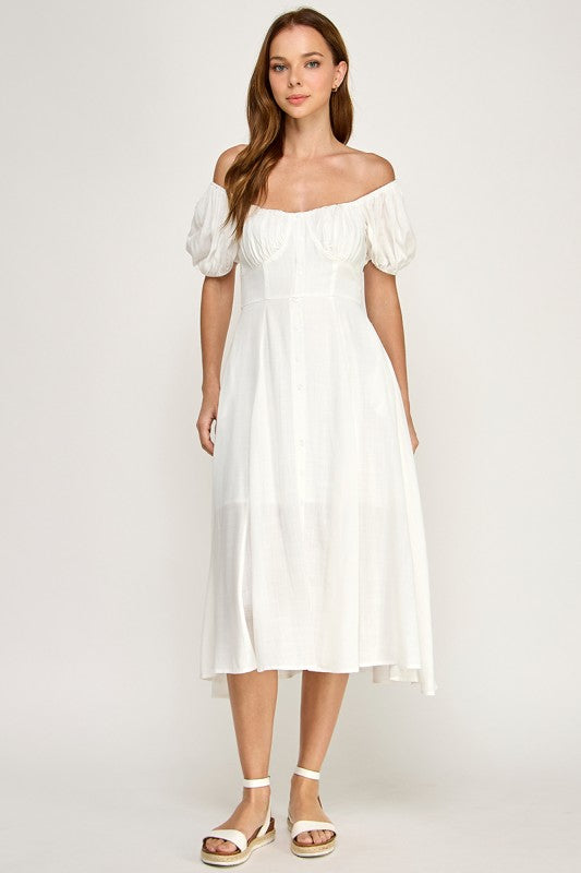 D5651 Button-front Midi l Lightweight Smocked Back Dress