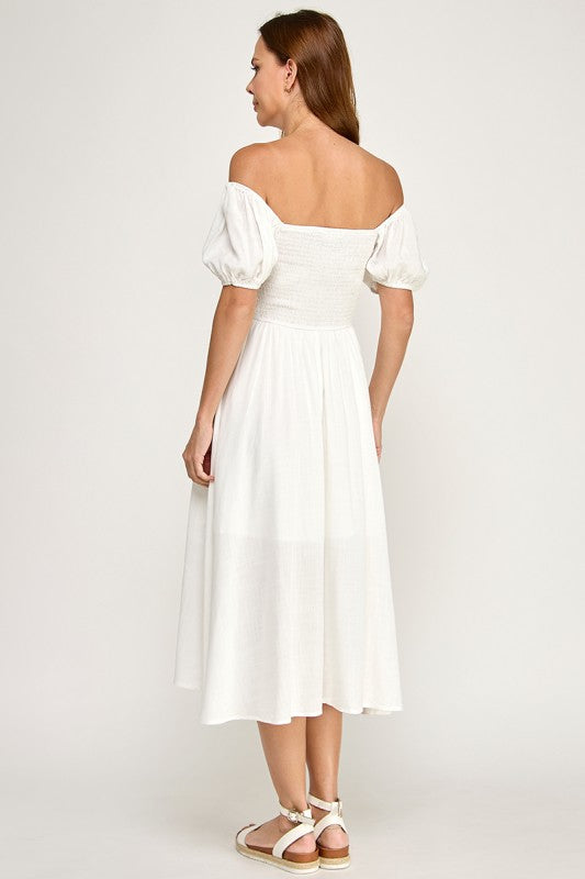 D5651 Button-front Midi l Lightweight Smocked Back Dress