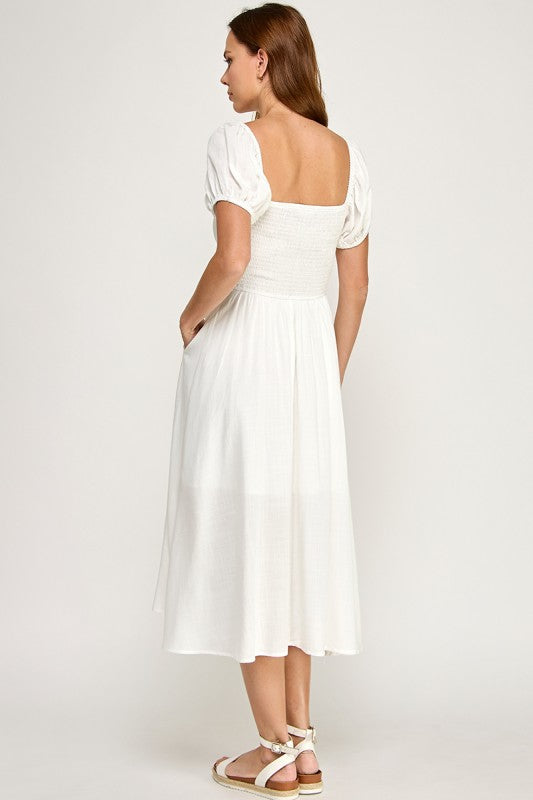 D5651 Button-front Midi l Lightweight Smocked Back Dress