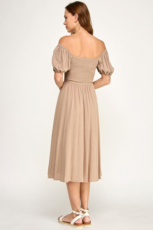 D5651 Button-front Midi l Lightweight Smocked Back Dress