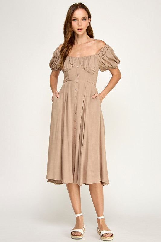 D5651 Button-front Midi l Lightweight Smocked Back Dress