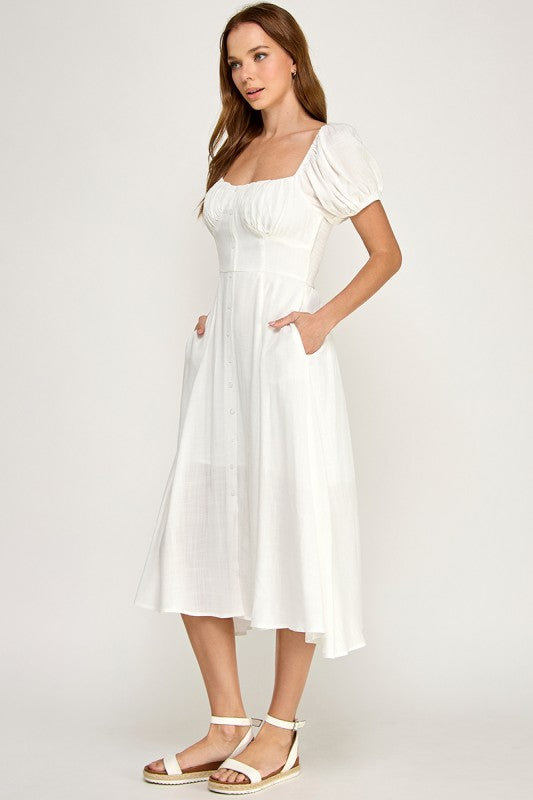 D5651 Button-front Midi l Lightweight Smocked Back Dress