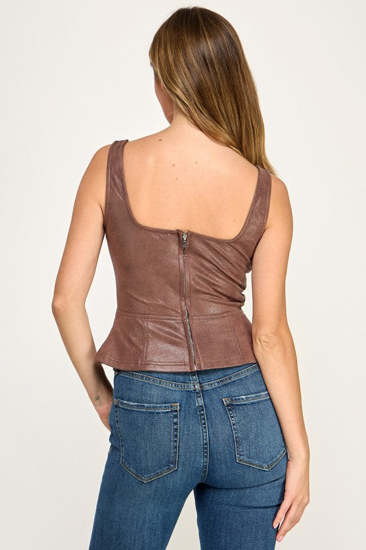 T5642 Faux Leather Lace-Up Tank Top