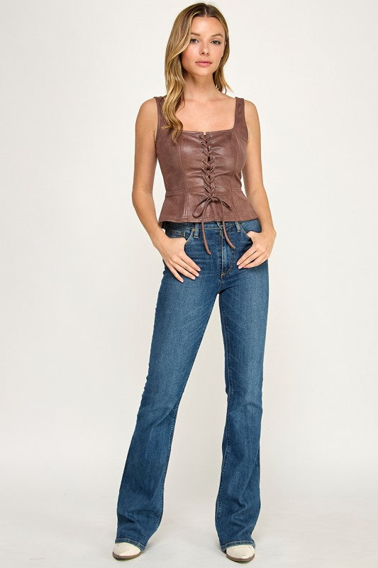 T5642 Faux Leather Lace-Up Tank Top