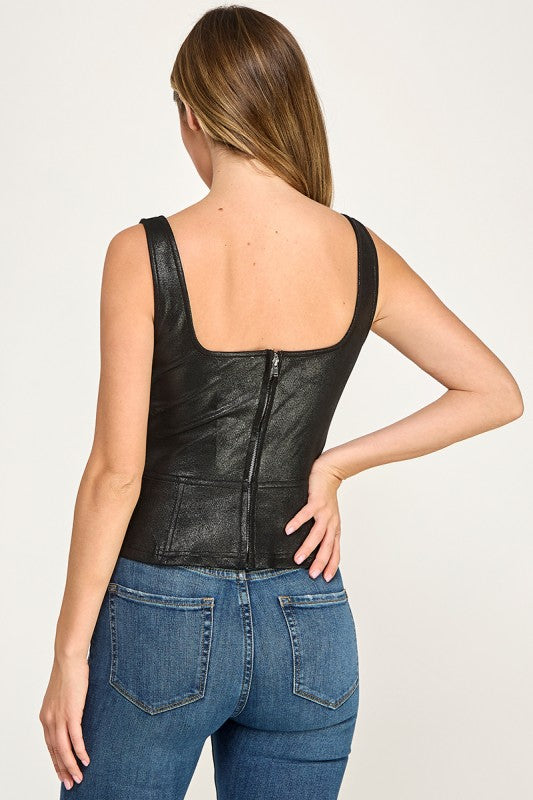 T5642 Faux Leather Lace-Up Tank Top