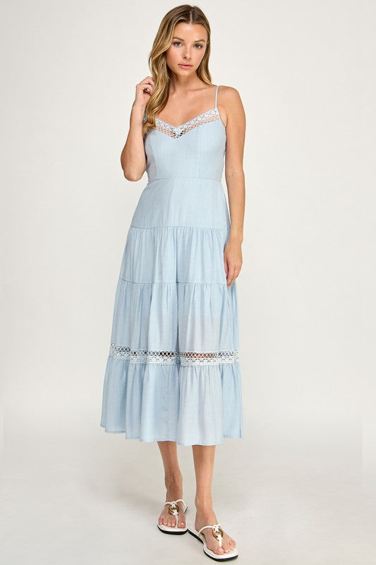 Lace Trim Flowy Midi Dress