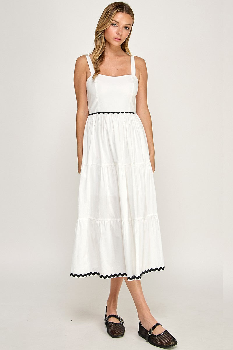 D5657 Square Neck Contrast Trim Midi Dress