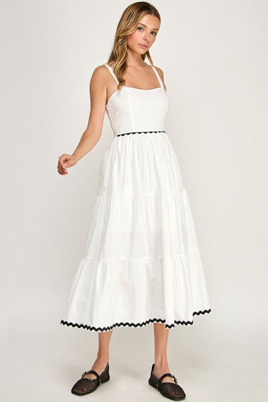D5657 Square Neck Contrast Trim Midi Dress