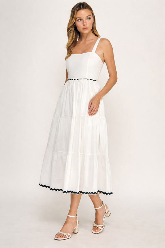 D5657 Square Neck Contrast Trim Midi Dress