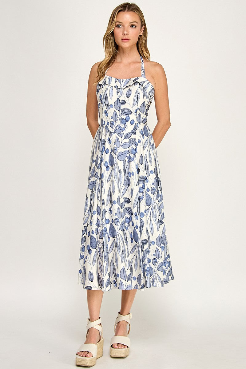 D5526-2 Floral Halter Bell Dress