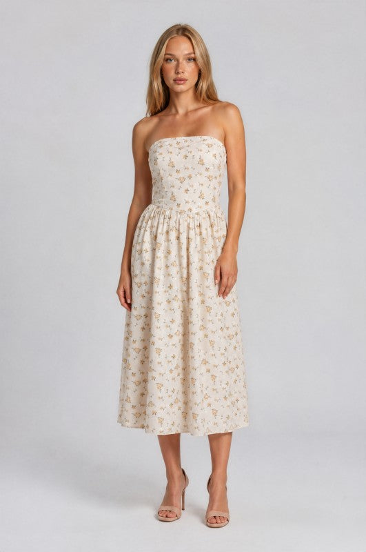 D5516-2 Strapless Floral Embroidered Midi Dress with Pockets