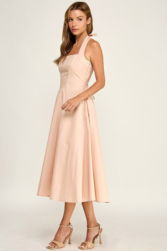 D5789-2 Corset Boned Halter Fit and Flare Midi Dress