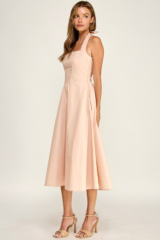 D5789-2 Corset Boned Halter Fit and Flare Midi Dress