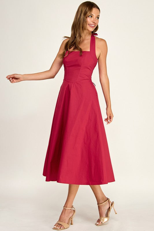 D5789-2 Corset Boned Halter Fit and Flare Midi Dress