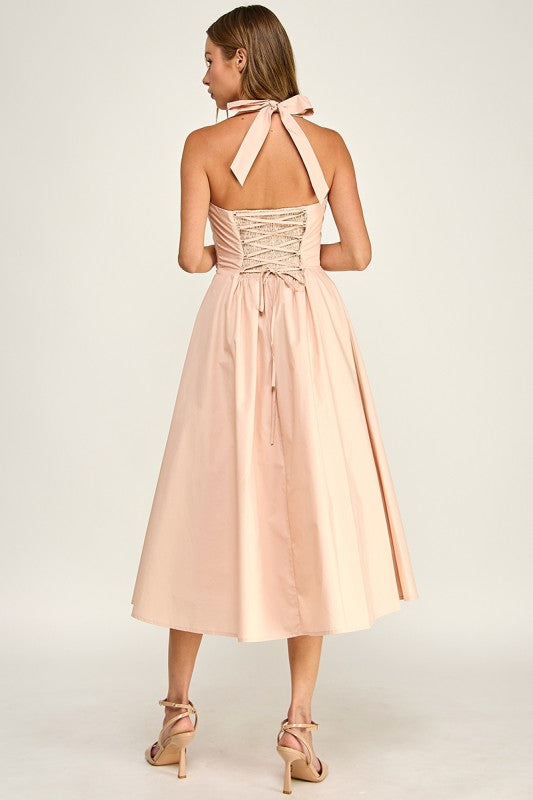 D5789-2 Corset Boned Halter Fit and Flare Midi Dress