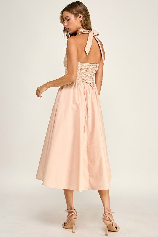 D5789-2 Corset Boned Halter Fit and Flare Midi Dress