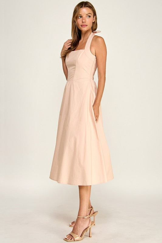 D5789-2 Corset Boned Halter Fit and Flare Midi Dress