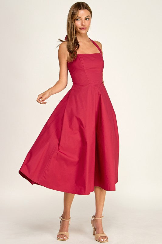 D5789-2 Corset Boned Halter Fit and Flare Midi Dress