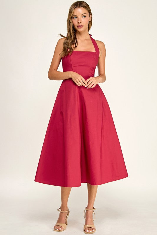 D5789-2 Corset Boned Halter Fit and Flare Midi Dress