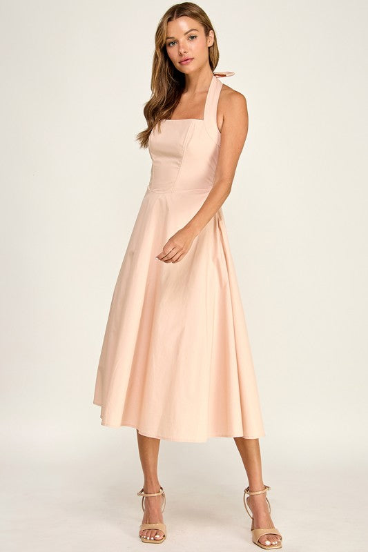 D5789-2 Corset Boned Halter Fit and Flare Midi Dress