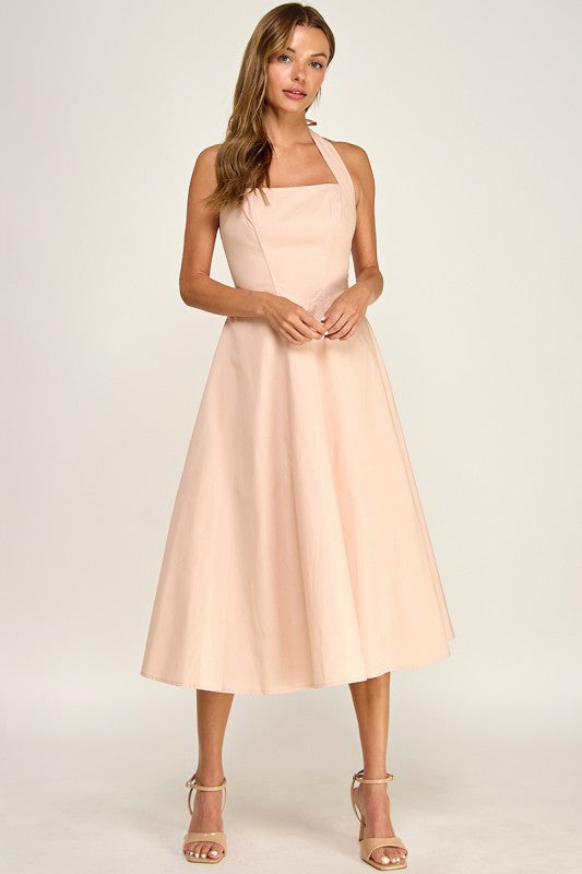 D5789-2 Corset Boned Halter Fit and Flare Midi Dress