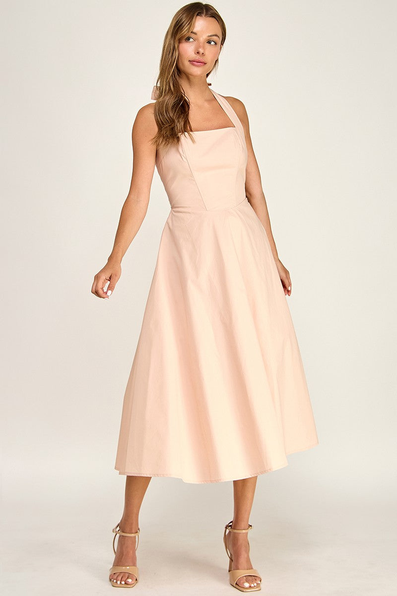 D5789-2 Corset Boned Halter Fit and Flare Midi Dress