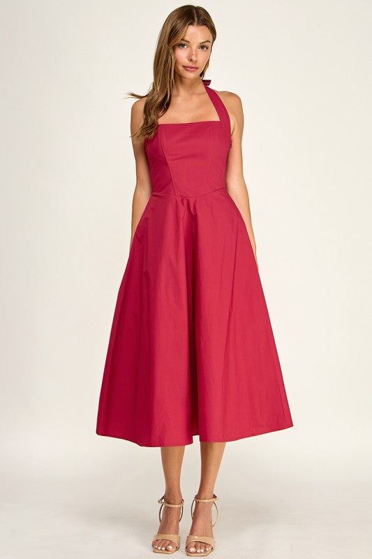 D5789-2 Corset Boned Halter Fit and Flare Midi Dress