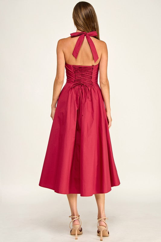 D5789-2 Corset Boned Halter Fit and Flare Midi Dress