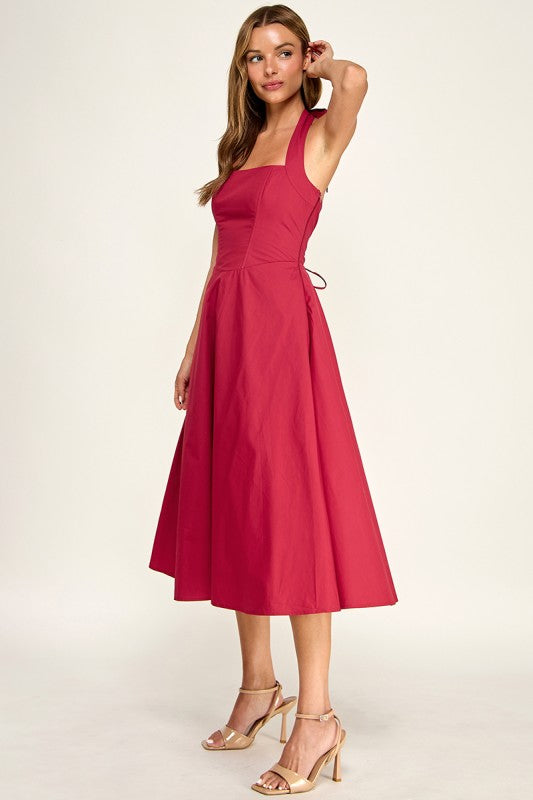 D5789-2 Corset Boned Halter Fit and Flare Midi Dress