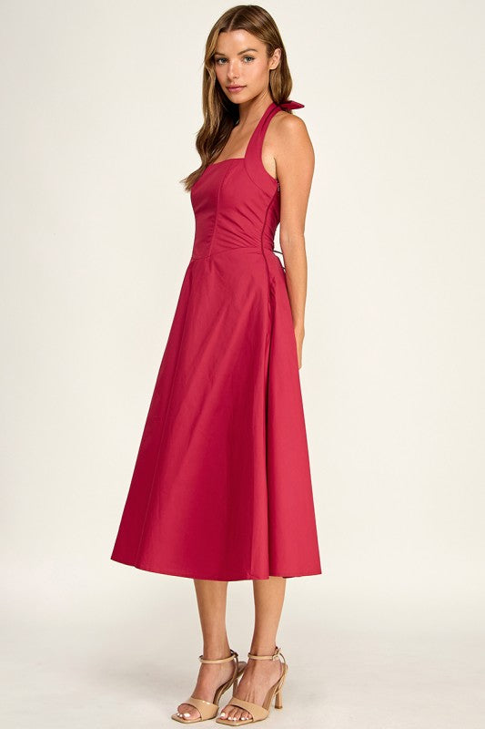 D5789-2 Corset Boned Halter Fit and Flare Midi Dress