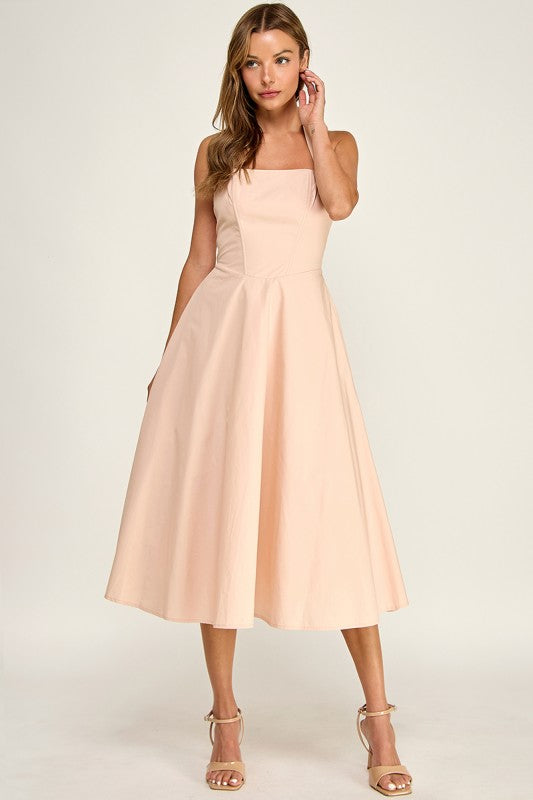 D5789-2 Corset Boned Halter Fit and Flare Midi Dress