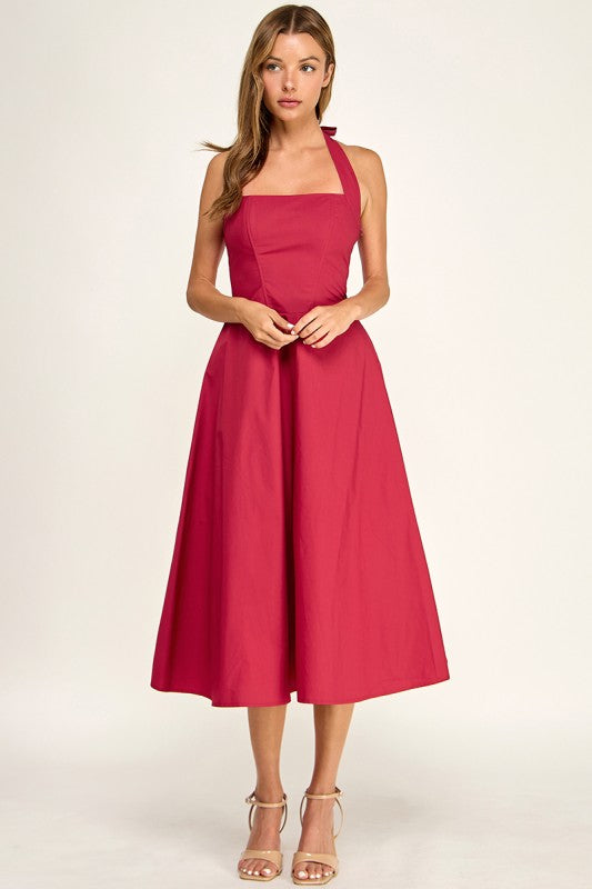 D5789-2 Corset Boned Halter Fit and Flare Midi Dress