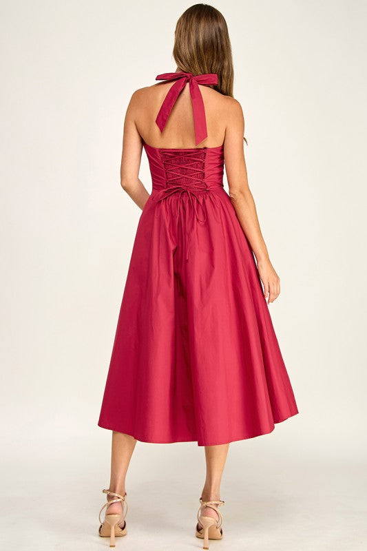D5789-2 Corset Boned Halter Fit and Flare Midi Dress