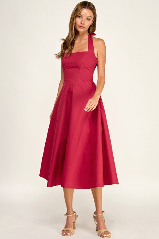 D5789-2 Corset Boned Halter Fit and Flare Midi Dress