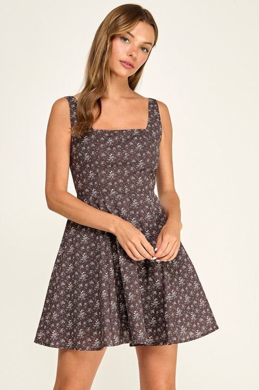 D5807S Floral Square Neck Flare Mini Dress