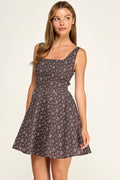 D5807S Floral Square Neck Flare Mini Dress