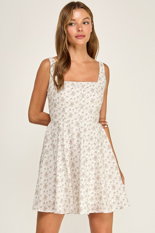 D5807S Floral Square Neck Flare Mini Dress