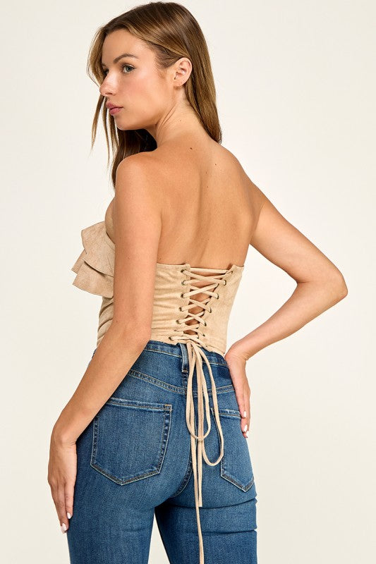 T5827S Suede Ruffle Corset Tube Top W/ Back Lace-up