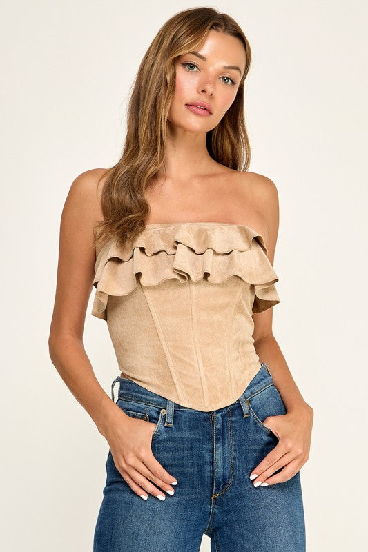 T5827S Suede Ruffle Corset Tube Top W/ Back Lace-up