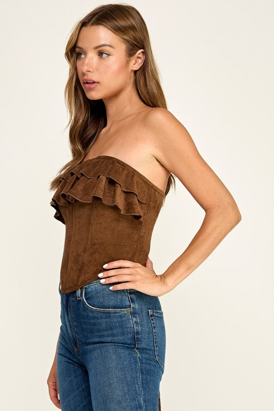 T5827S Suede Ruffle Corset Tube Top W/ Back Lace-up